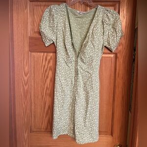 Madewell Sage Green Floral Midi Dress with Puff Sleeves